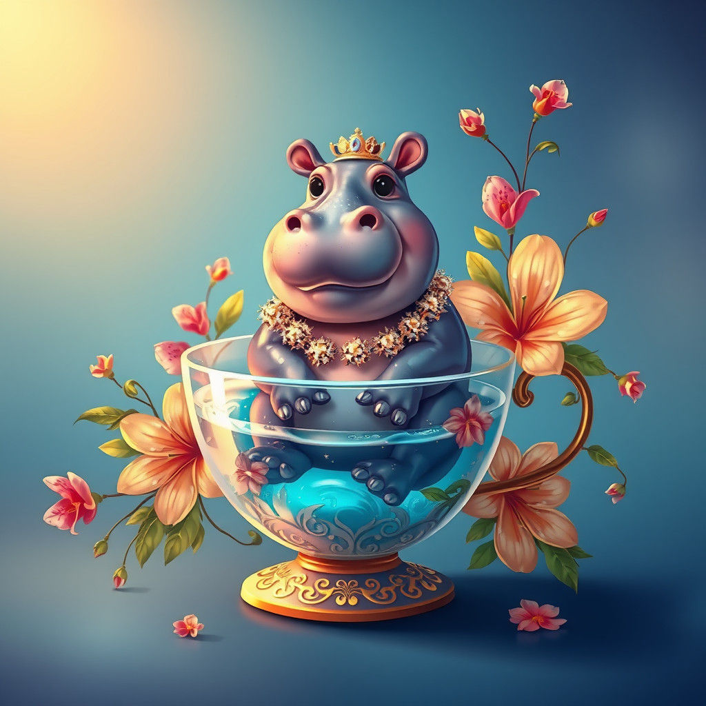 Whimsical Hippo in Ornate Glass Cup Cartoon