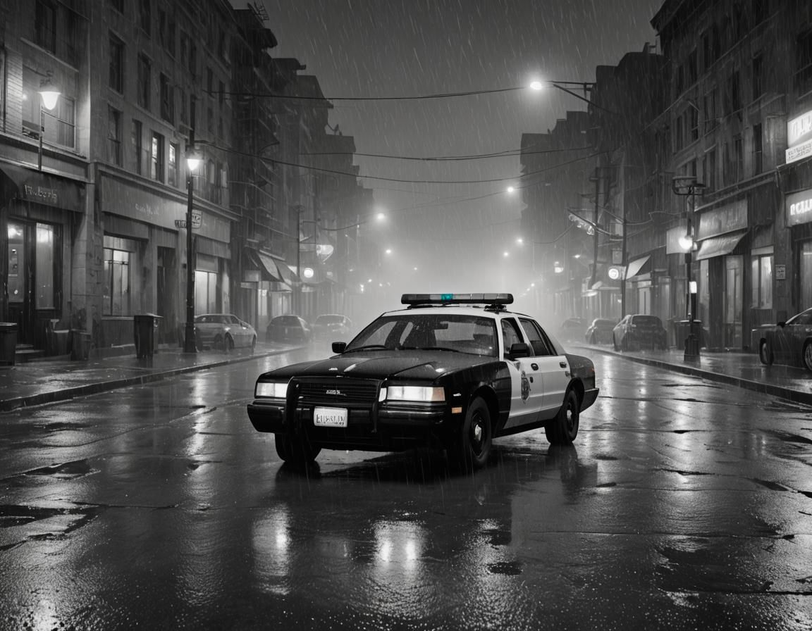Monochrome Police Car in Rainy Street at Night