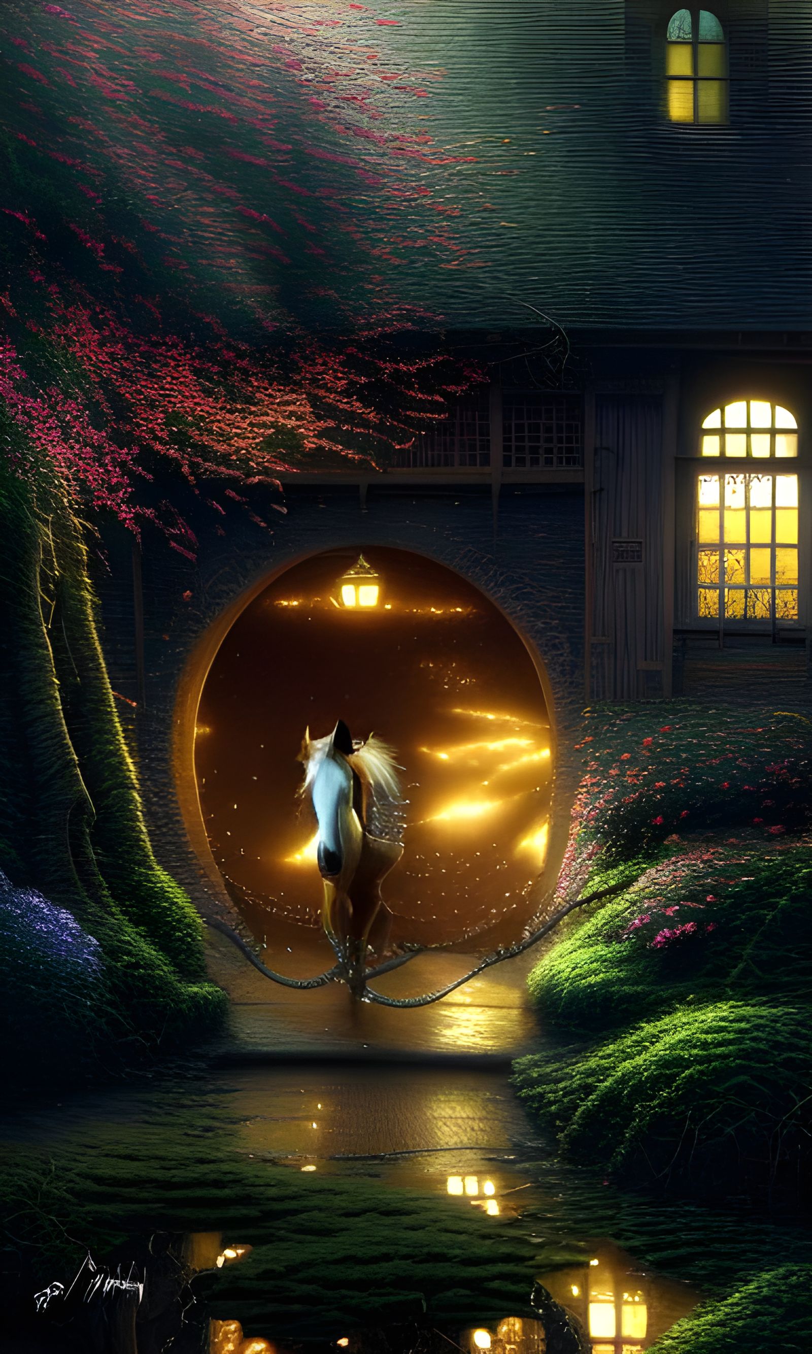 Horses Stables Through Floral Arches in Photorealism