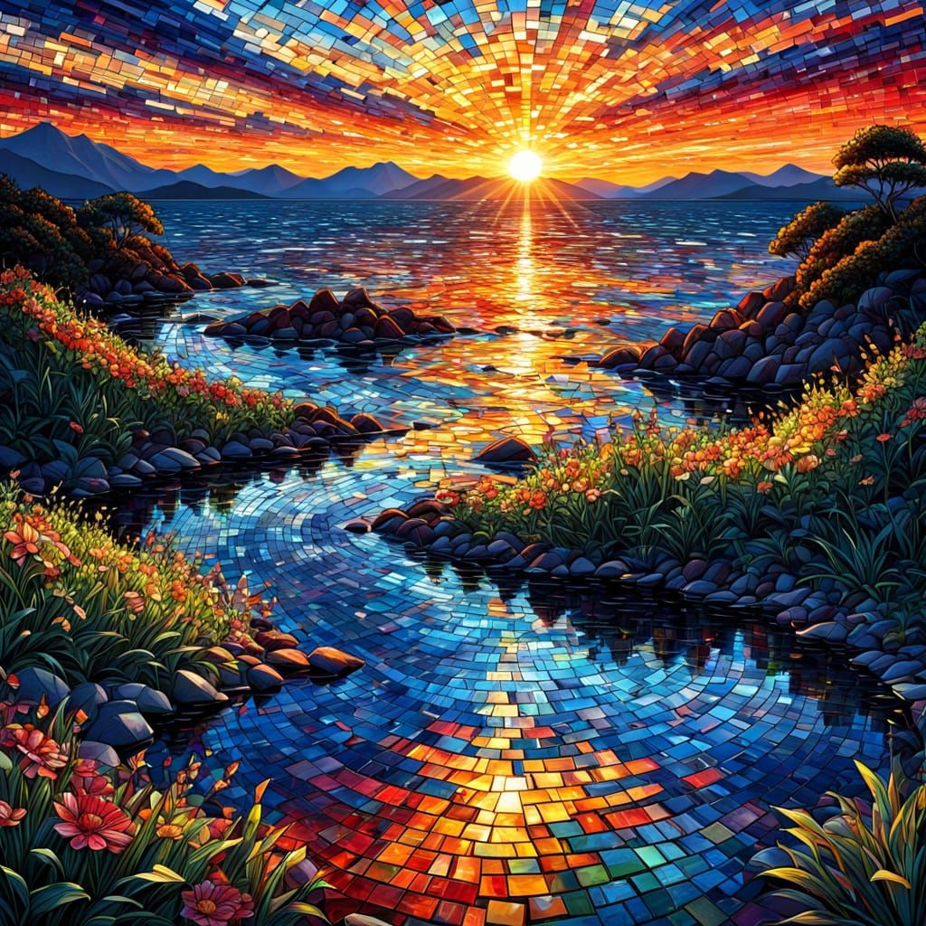 Incredible Mosaic Sunset with Glistening Reflections
