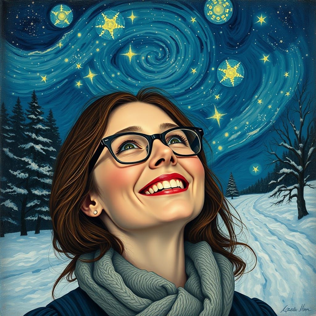 Whimsical Woman Stares into Starry Night Sky, Surrounded by ...