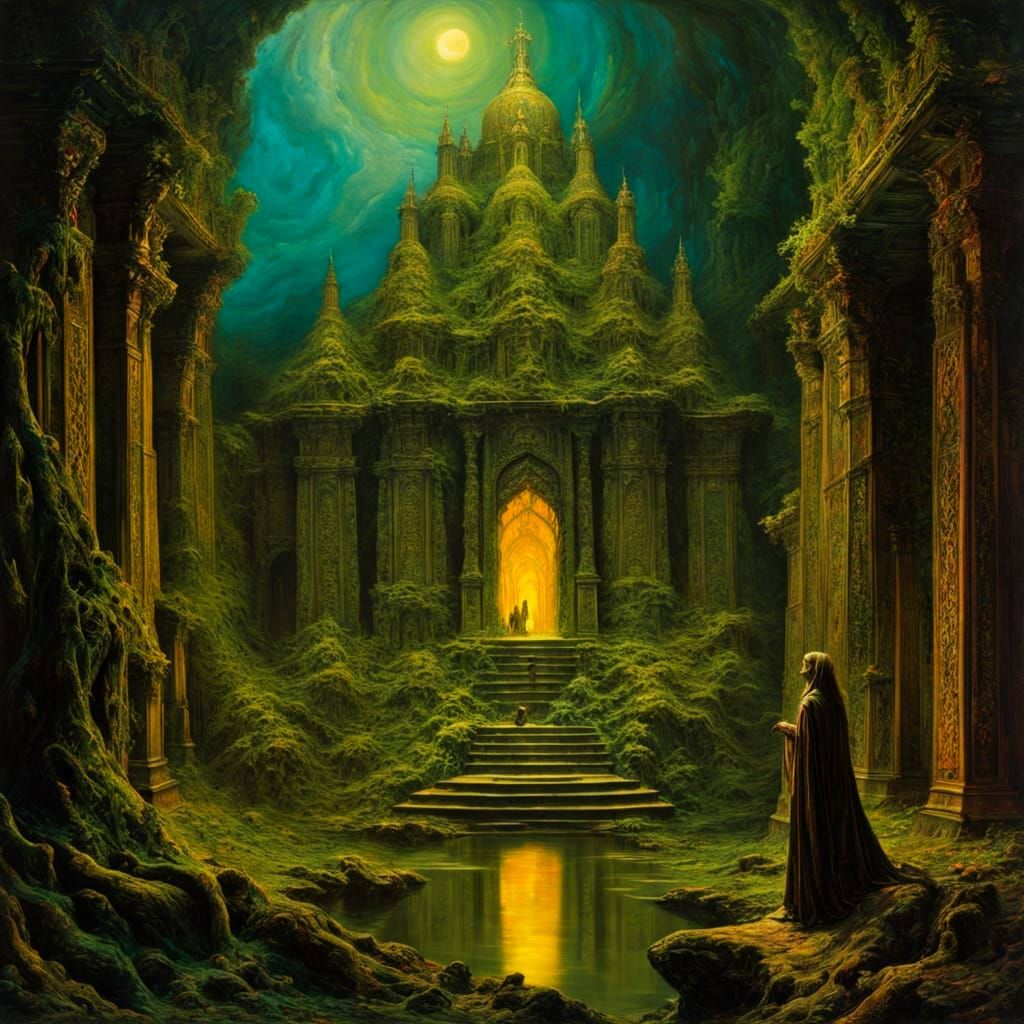 Surreal Baroque Temple Scene with Lush Druid and Expressive ...