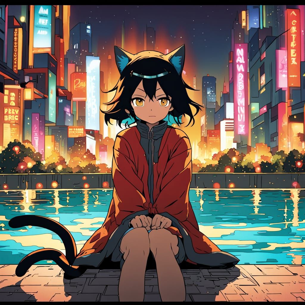 Anime Nekomata Woman in Fountain with City Lights