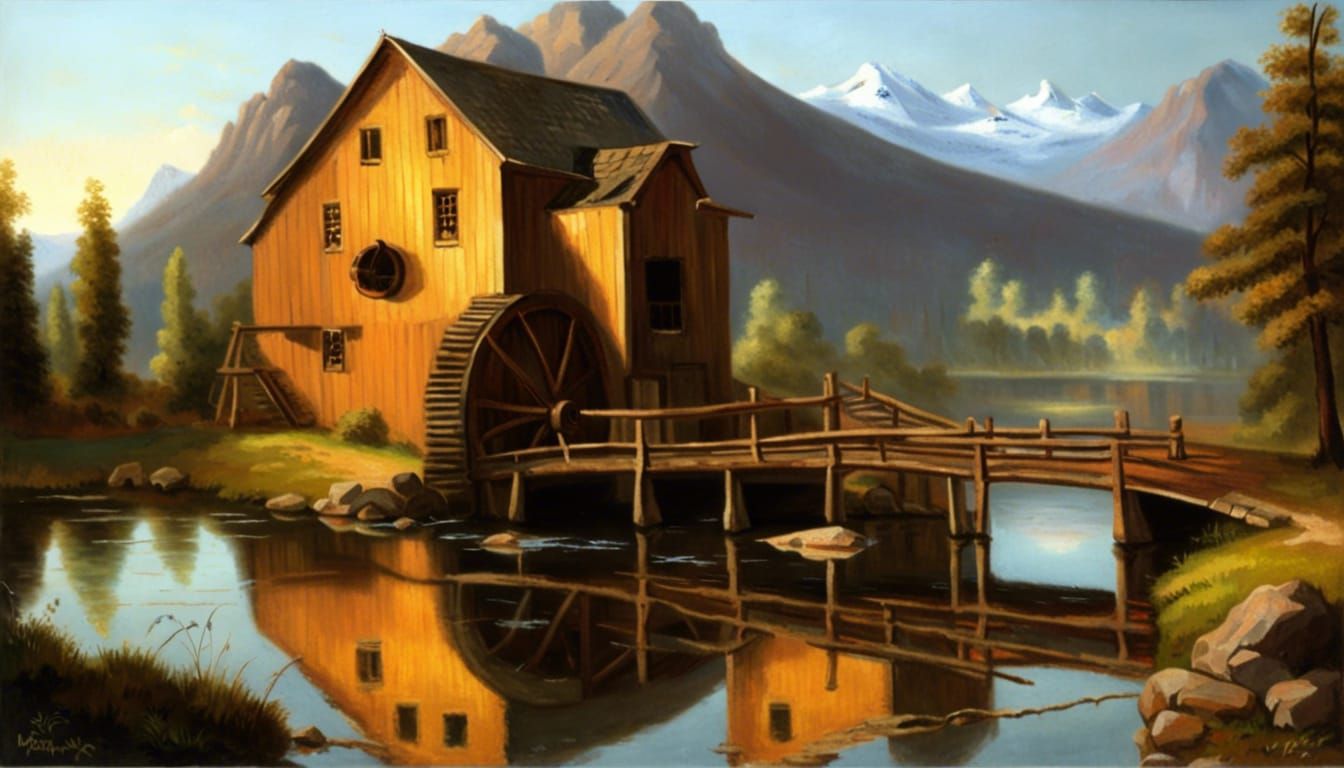Picturesque Water Mill Landscape in Oil Paint