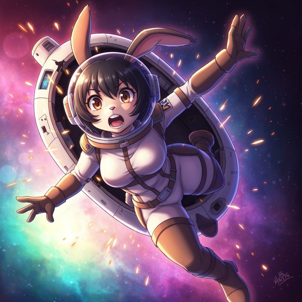 Bumbling Rabbit Explorer Falls from Space Pod in Anime Style