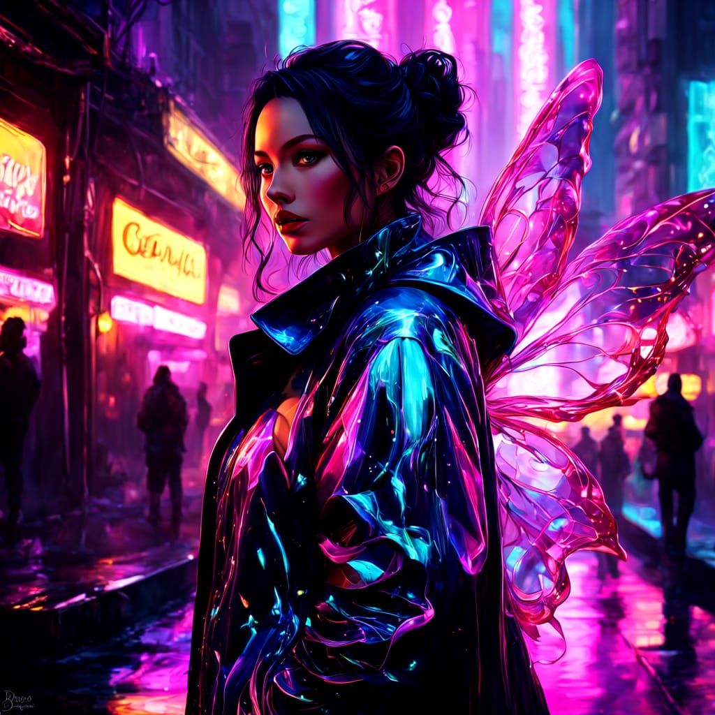 Cyberpunk Fairy in Dim Alleyway: Alcohol Ink Art