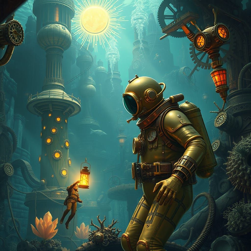 Steampunk Diver Explores Submerged Solarpunk Metropolis