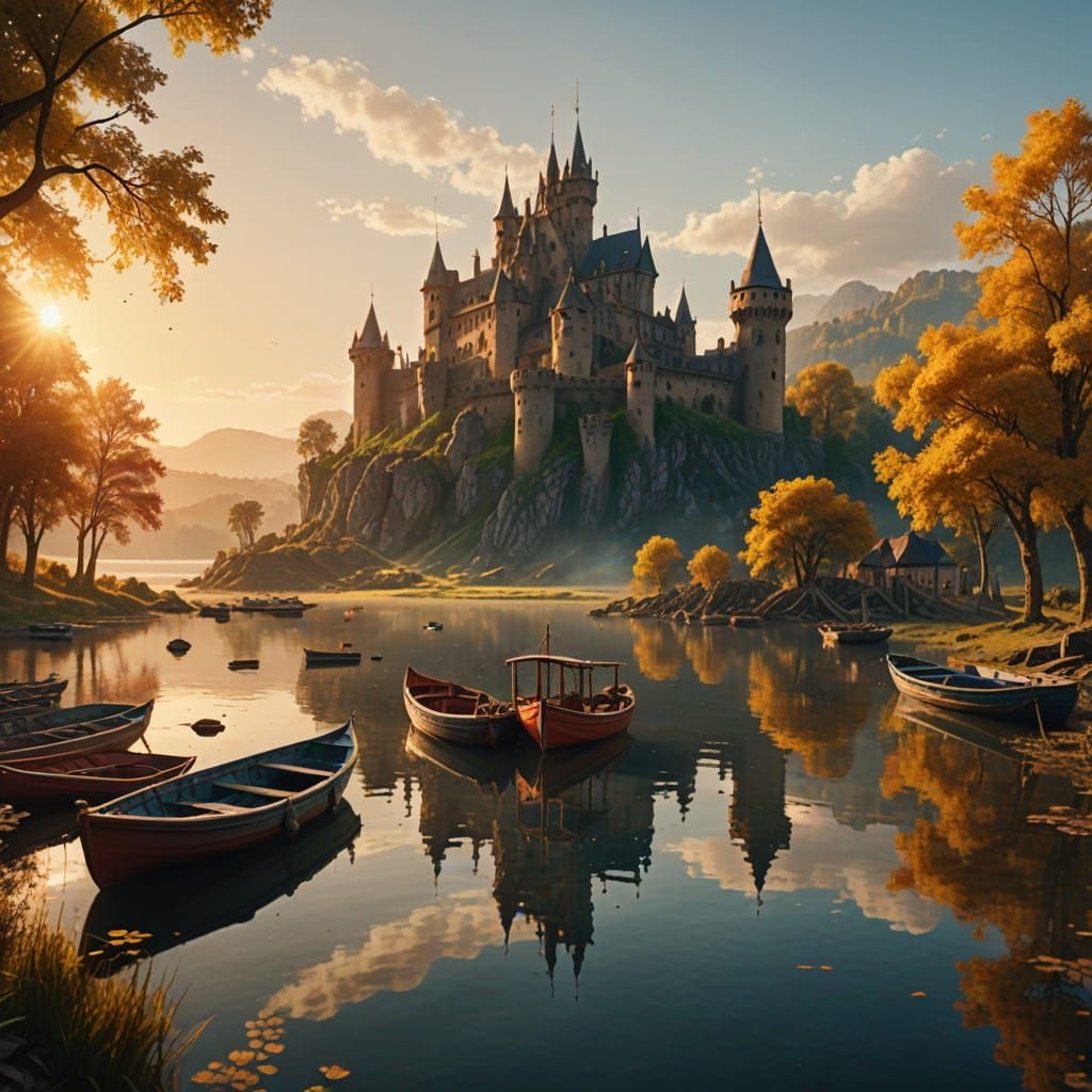 Golden Hour Conquest: Boats Before Ruined Castle