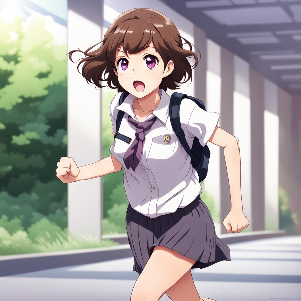 Anime Style: Cute College Girl Running to Class