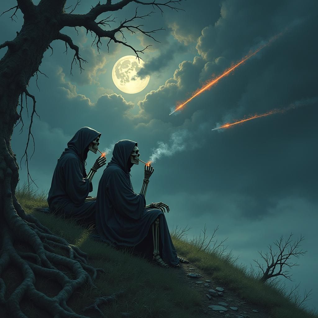 Skeletons Watching Meteors in Gothic Dark Fantasy Style