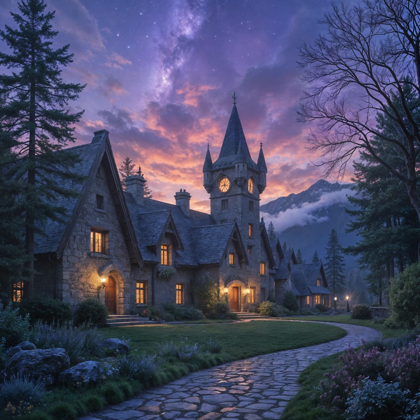 Fantasy Village in Highlands Moorland at Sunset