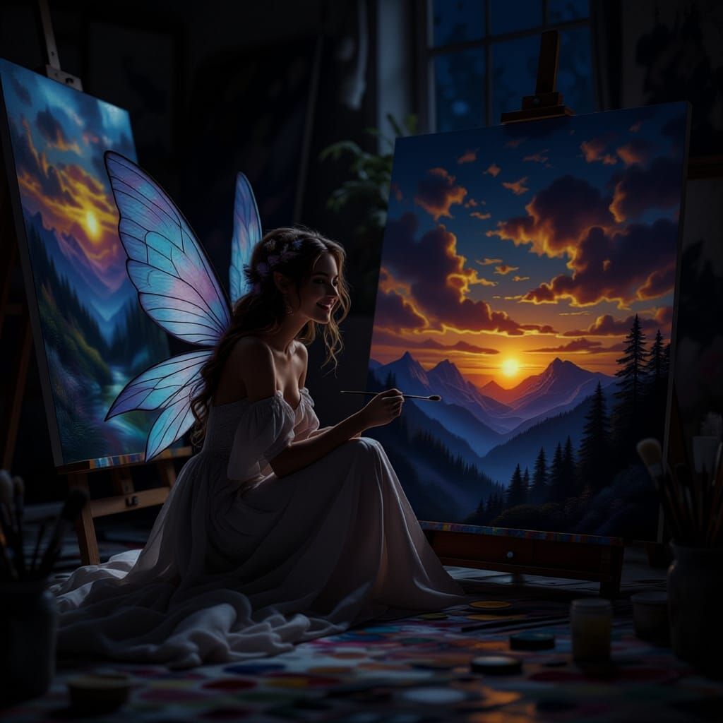 Fairy in a cluttered studio finishes sunset painting