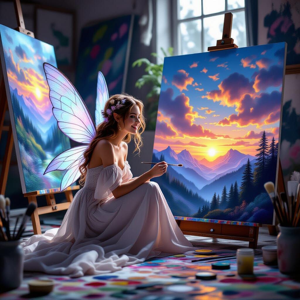 Fairy in a cluttered studio finishes sunset painting