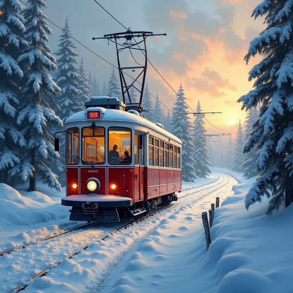 Snowy Tram in Norway at Sunrise