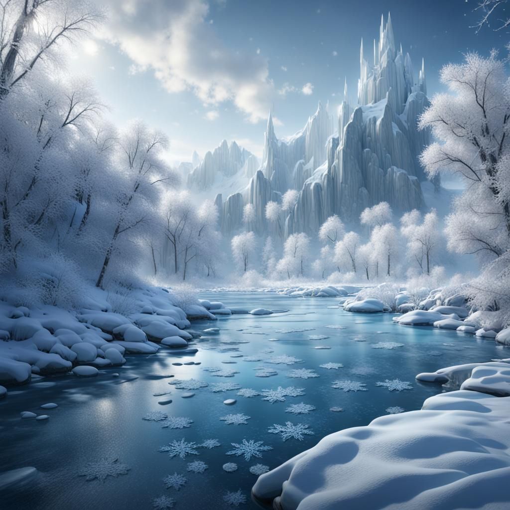 Frozen River with Crystal Snowflakes: Fantasy Concept Art