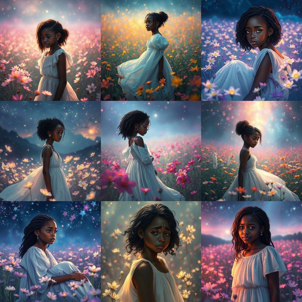 Crying Girl in Starlight Flower Field: Detailed Matte Painti...