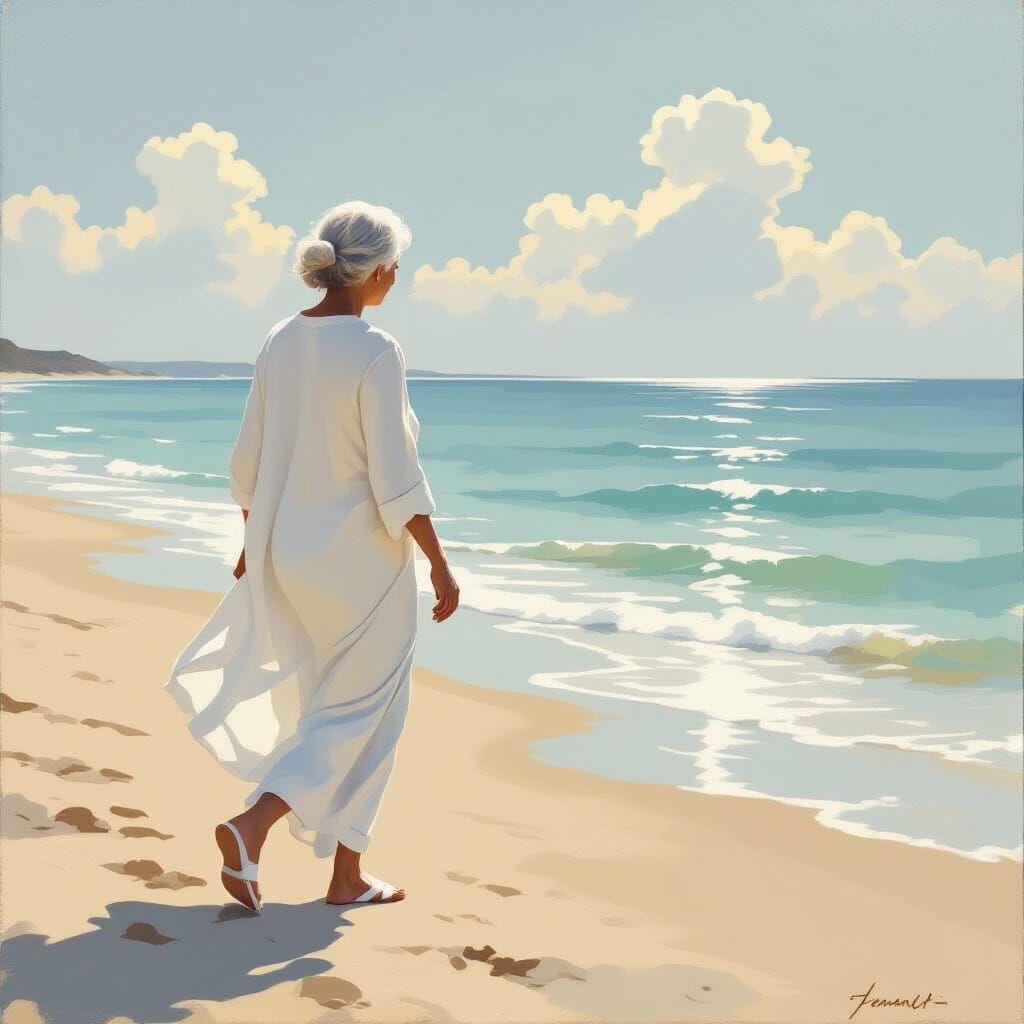 Elderly Woman Walking on Beach in Impressionist Style