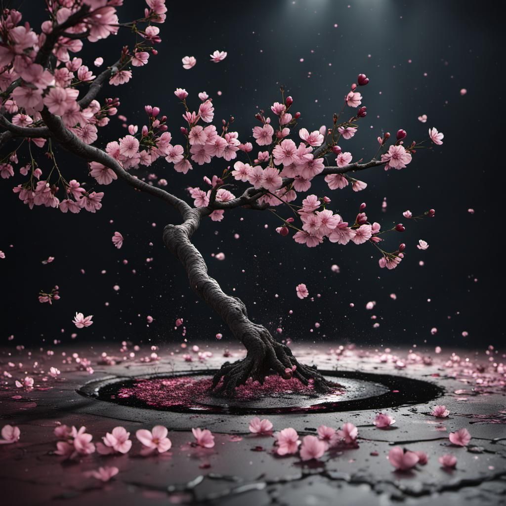 Cherry Blossom Falls into Tar: Detailed Matte Painting