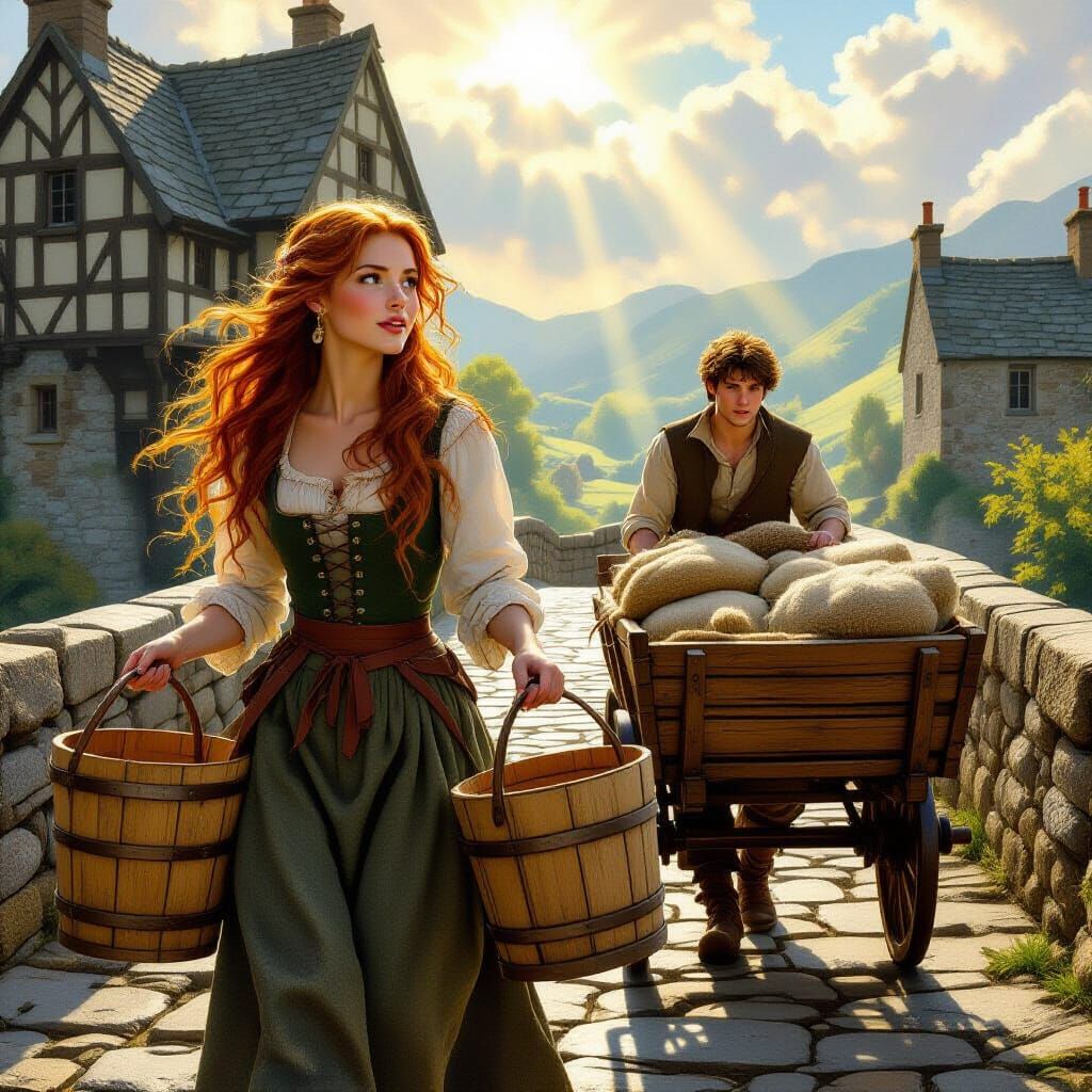 Medieval Scotland Morning Scene with Red-Haired Woman and La...