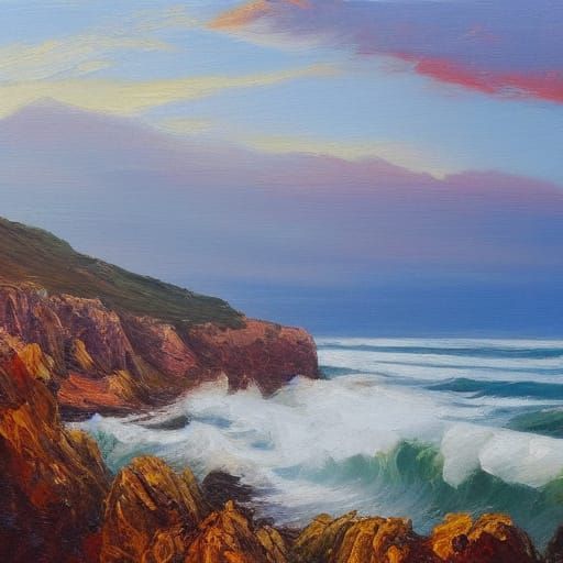 Impressionist Oil Painting of Dramatic Ocean Sunset