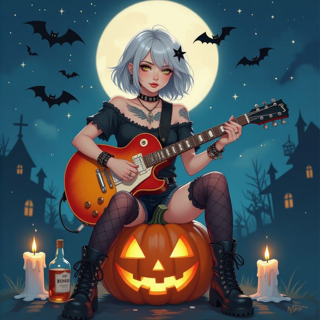 Emo Woman with Wings Tattoo Sits on Pumpkin with Guitar