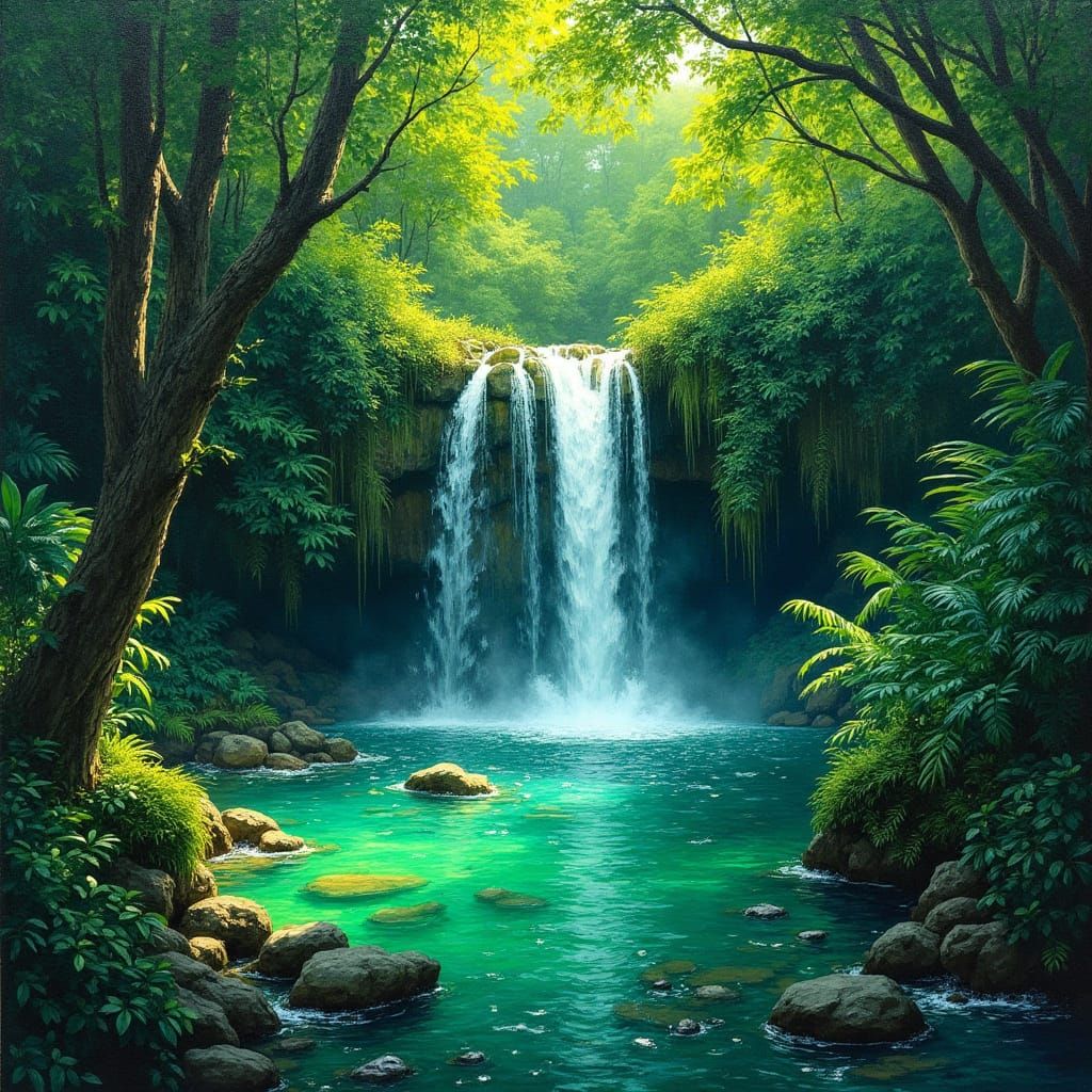 Verdant Jungle Waterfall Glade as Impasto Oil Painting