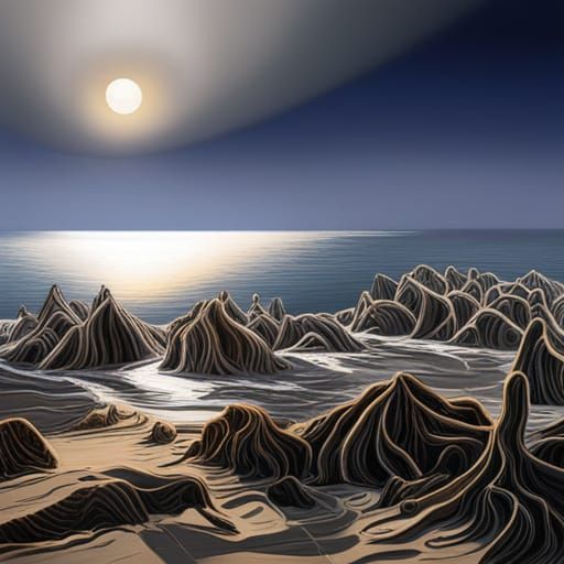 Hyperrealistic Stardust Sand and Ocean at Sunset