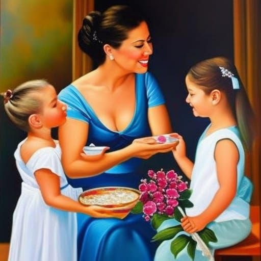 Impressionistic Oil Painting of Mothers and Grandmothers
