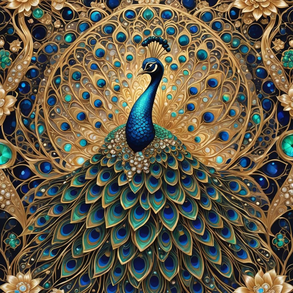 Hyperdetailed Peacock with Gems in Art Nouveau Style
