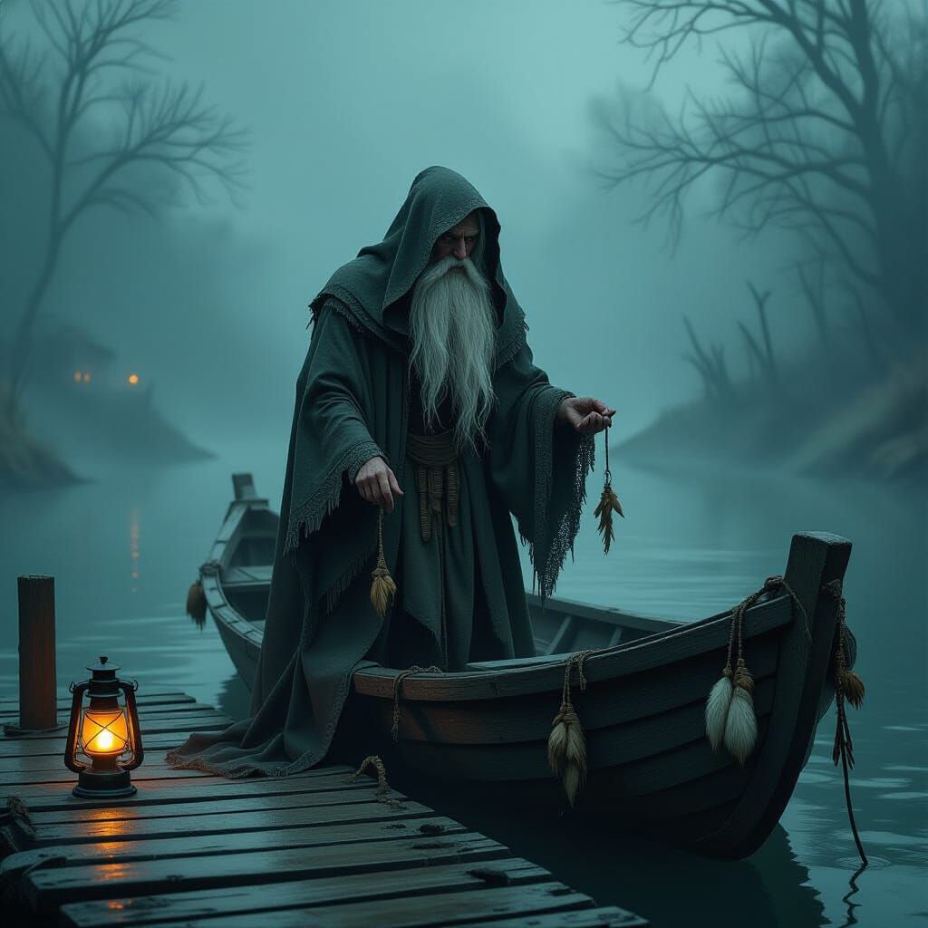 Eerie Witch on Dock in Hyperrealistic Digital Painting