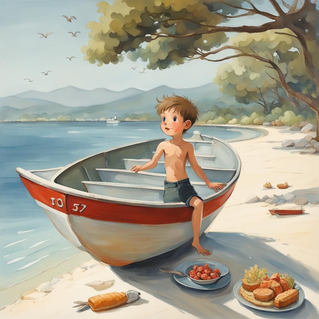 Coastal Scene: Boy, Boat, Beach, and Buffet