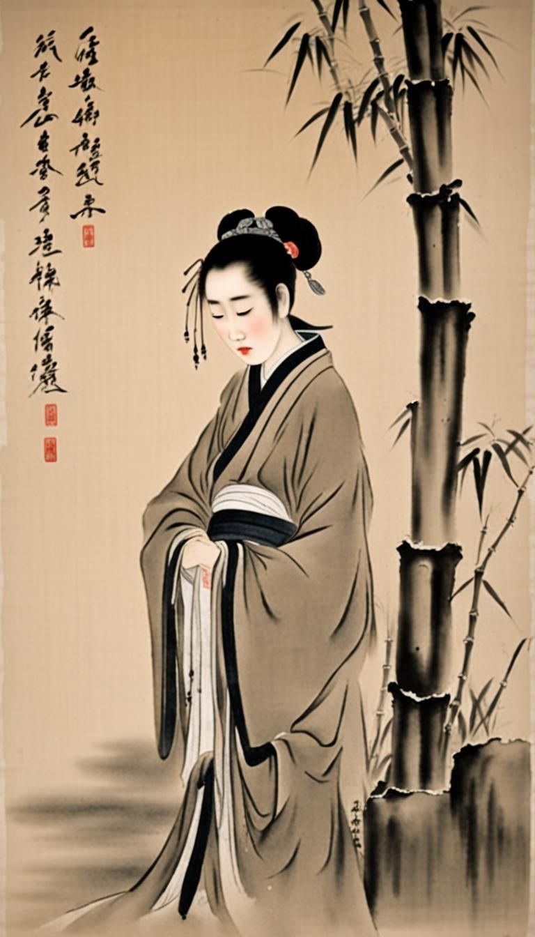 Crying Woman in Ancient Chinese Painting Style