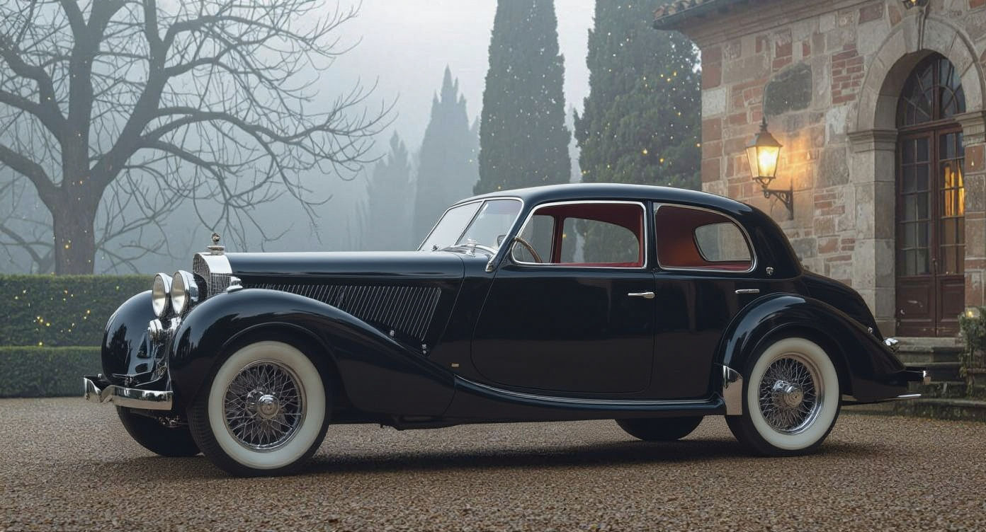 1939 Alfa Romeo 8C Limousine in Foggy Italian Villa Courtyar...