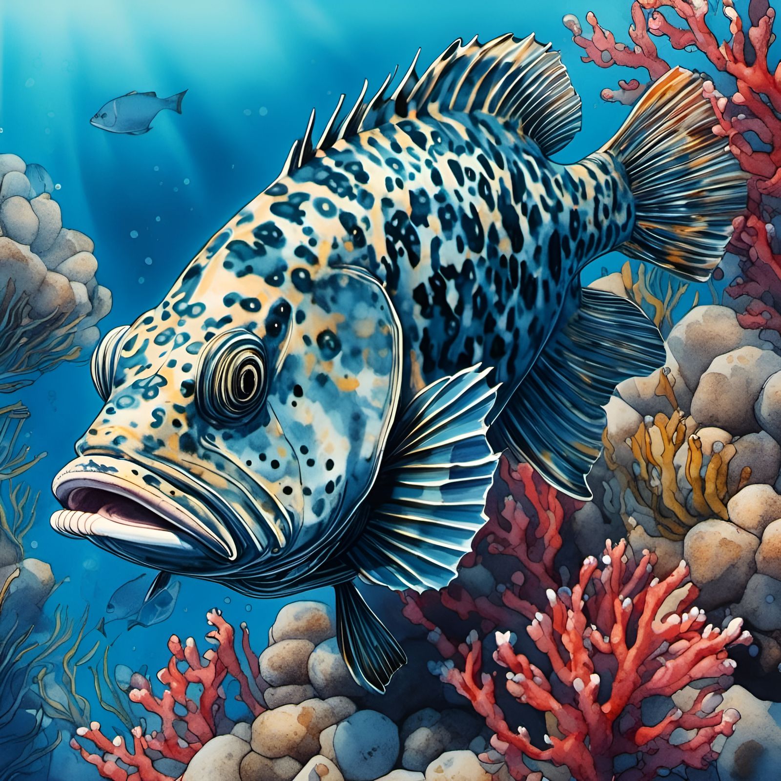 Underwater Grouper in Watercolor and Ink