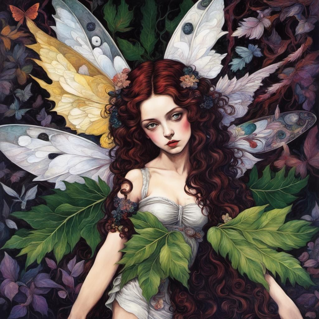 Psychedelic Moon with Cosmic Butterflies in Art Nouveau Styl...