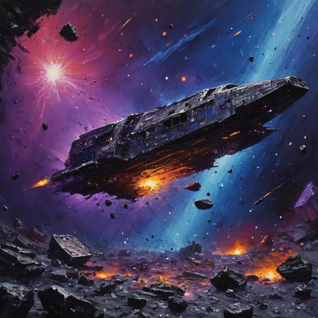 Retrofuturistic Starship Wreckage in Deep Space, Impasto Pai...