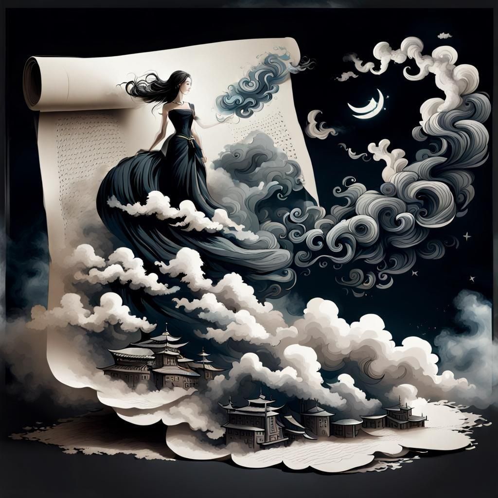 Woman on Cliff Edge Dissolving into Smoke