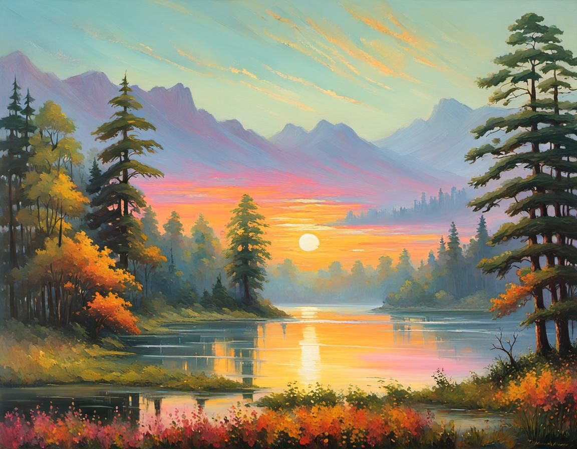 Misty Lake Sunset: Landscape Painting