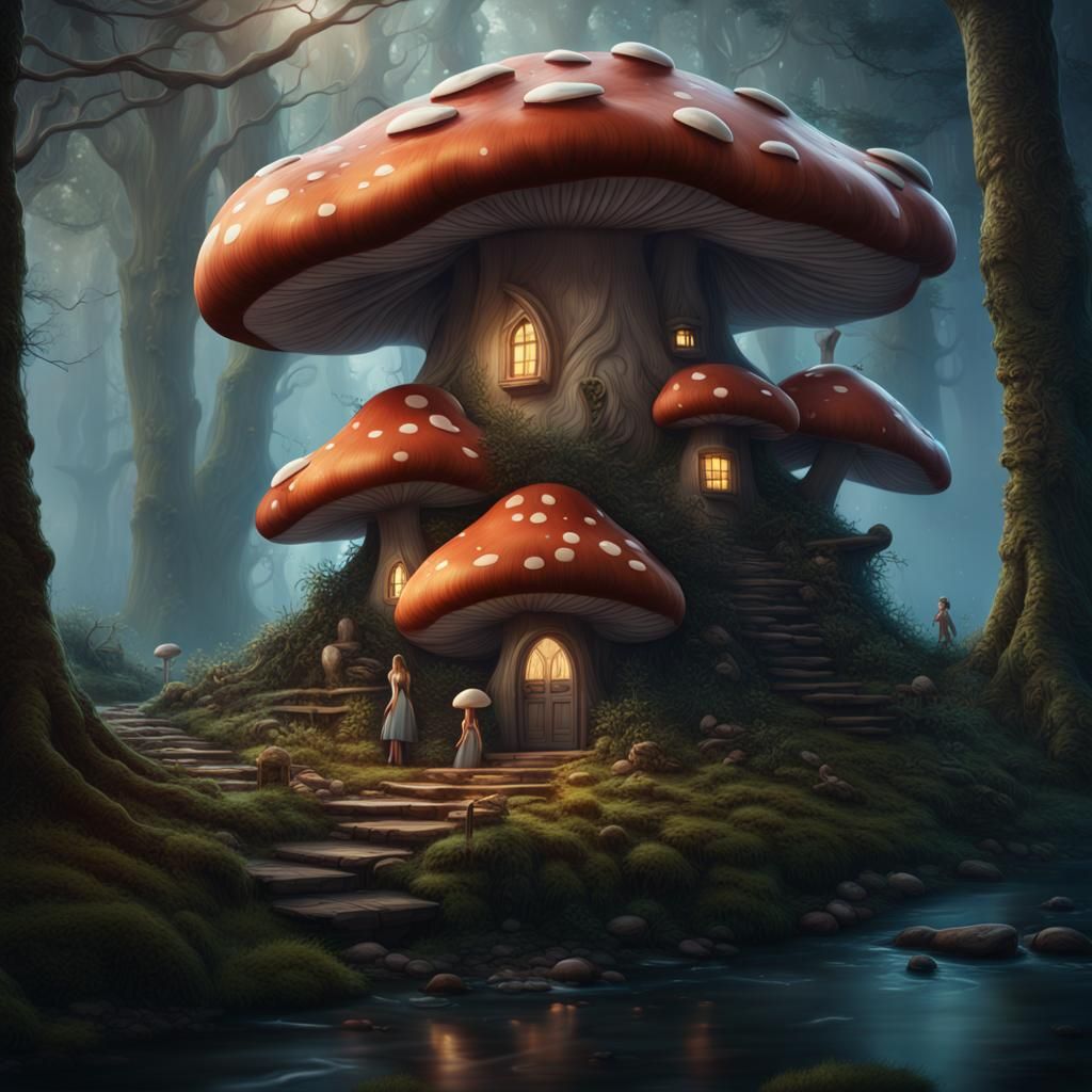Woman in Miniskirt at Mushroom House, Fantasy Art