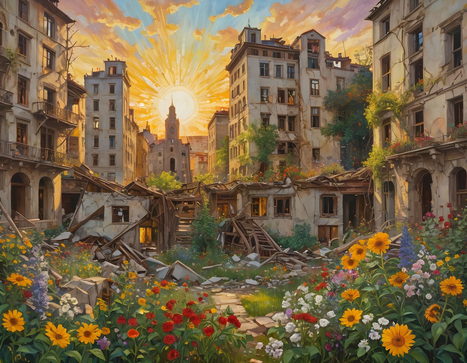 Society Implosion Amidst Blossoming Nature, Klimt Style