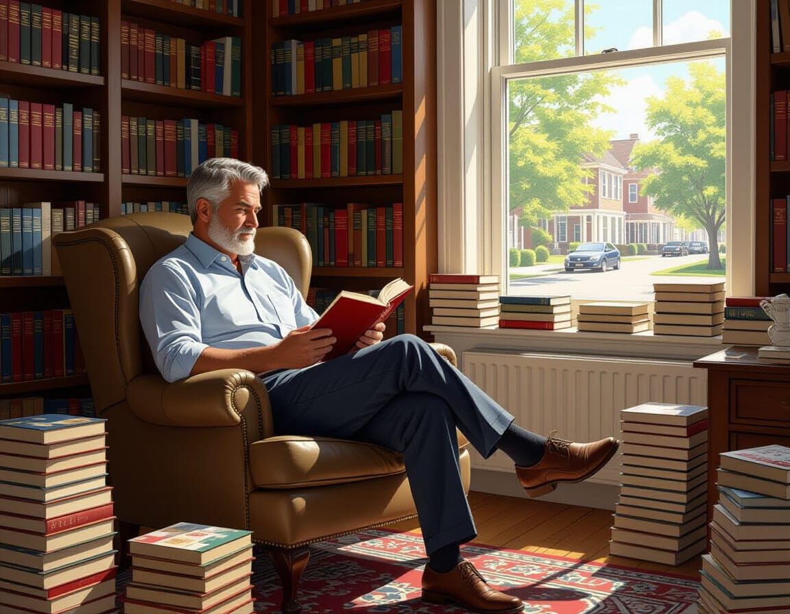 Man Reading in Book-Filled Room, Sunny Street View