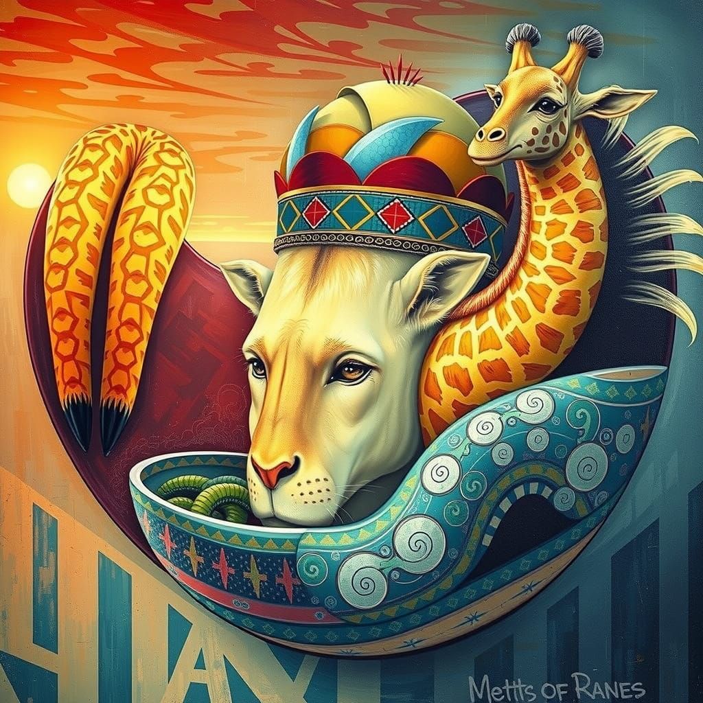Surreal Giraffe Lion Scene in Stylized Photorealistic Art
