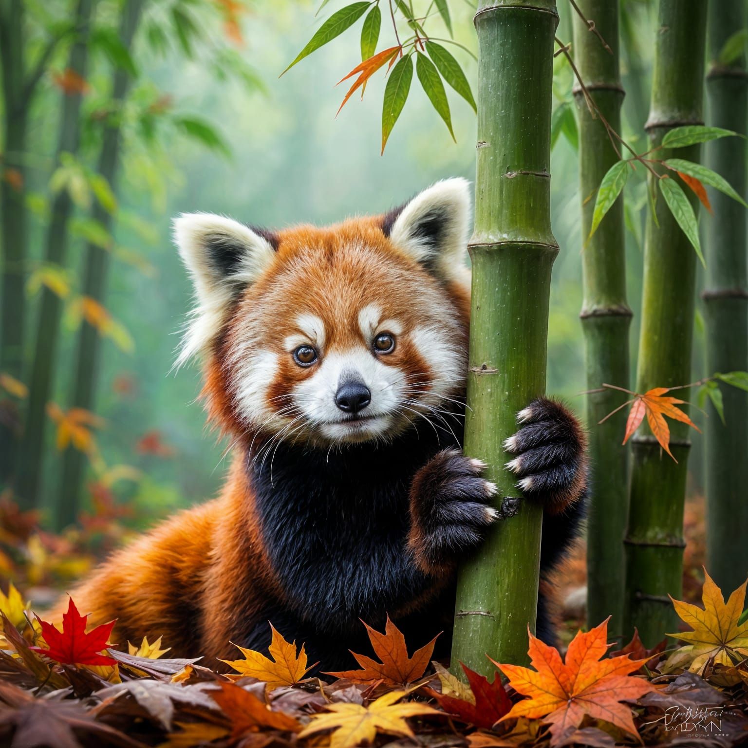Curious Red Panda in Misty Bamboo Forest