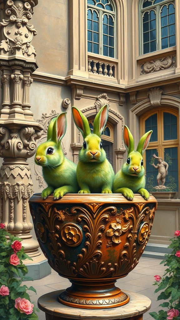 Green Rabbits Bloom in Flowerpot Chateau: Neo-Impressionist ...