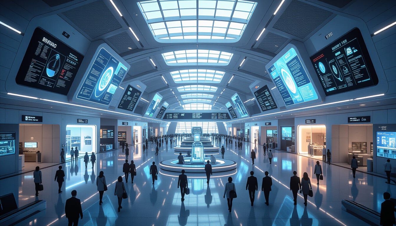 Futuristic Airport Terminal With Holographic Displays