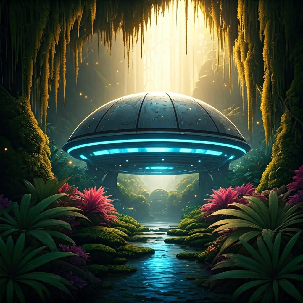 UFO Landing in Enchanted Garden, Fantasy Concept Art