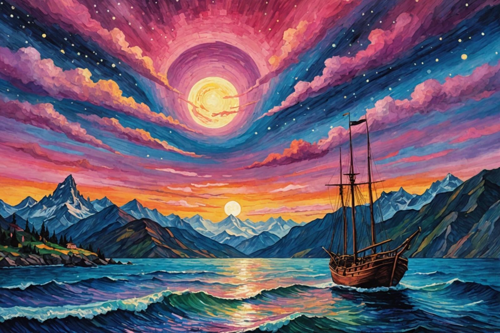 Ship on Sea with Pink Mountains: Gothic Watercolor