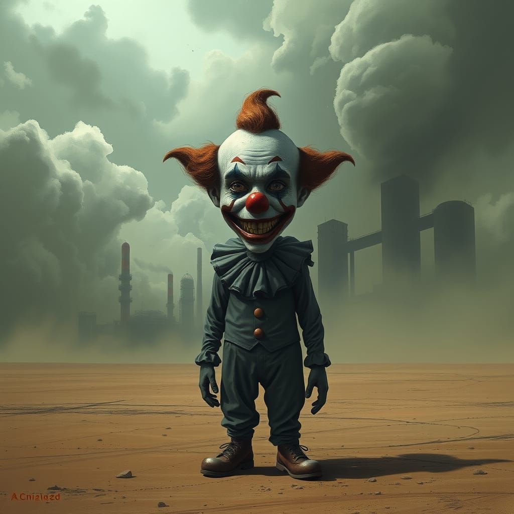 Weathered Clown on Desolate Plain in Toxic Haze
