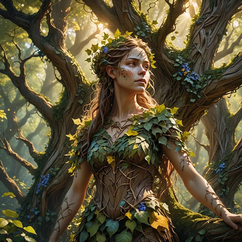 Dryad Emerges From Forest Tree in Sunlight