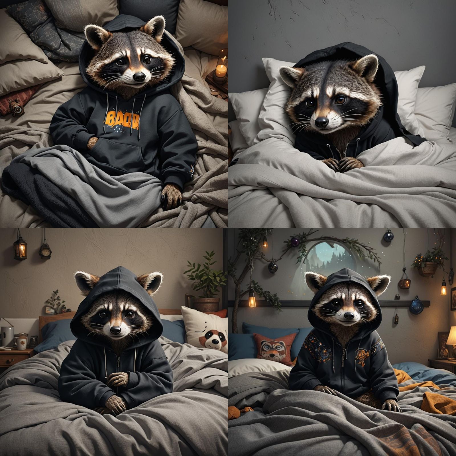 Cozy Raccoon in Hoodie: Detailed Matte Painting